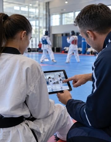 Taekwondo salonunda antrenör ve sporcu, tablet üzerinden eğitim materyalini birlikte inceliyor.